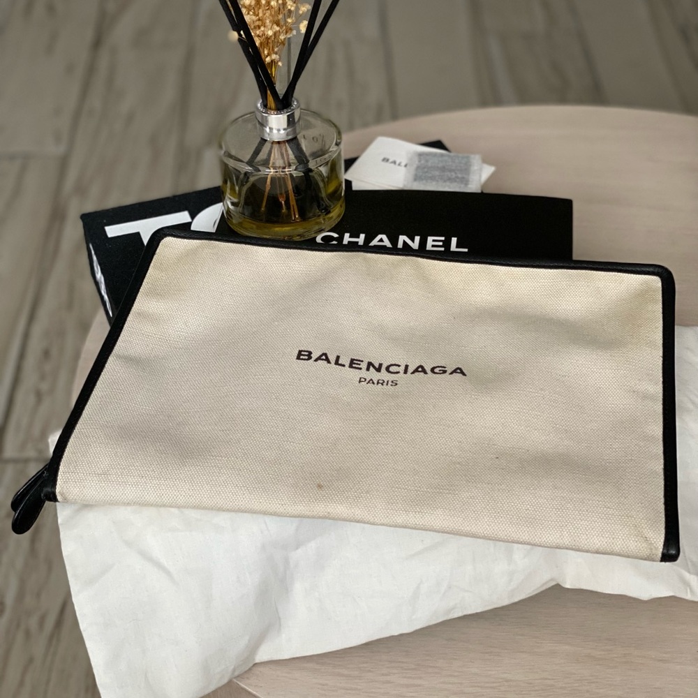 Authentic Balenciaga Logo-Print Canvas Clutch